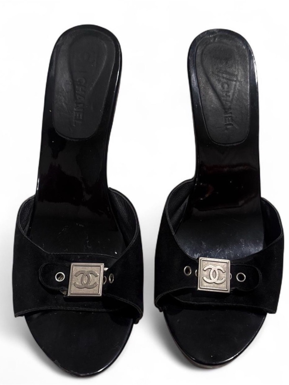 Vintage CHANEL Black Open-Toe Logo Square Accent Mules